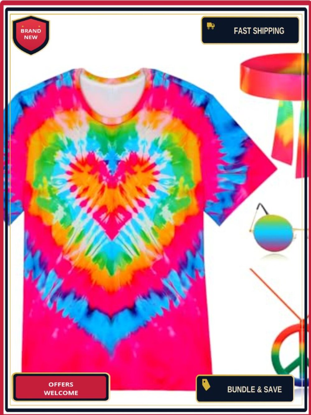 4PCS Hippie Costume Set 60s 70s Outfit Shirt Sunglasses Headband Necklace